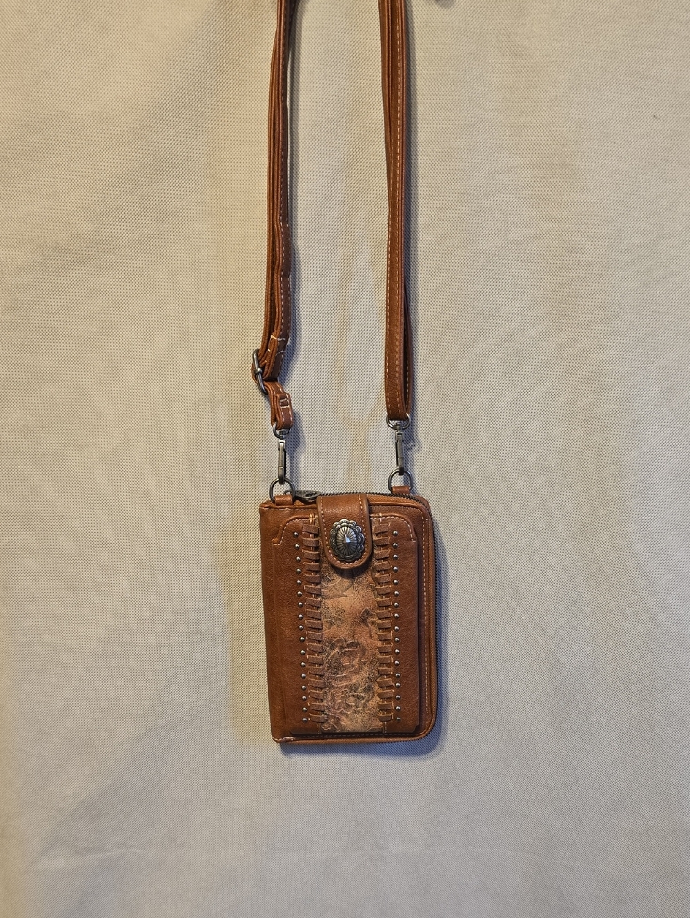 Brown Crossbody Card Wallet with Concho Accent